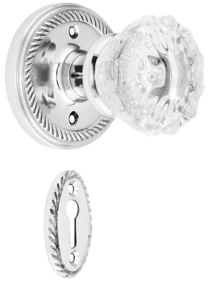 Rope Rosette Mortise Lock Set With Fluted Crystal Door Knobs in Polished Chrome.